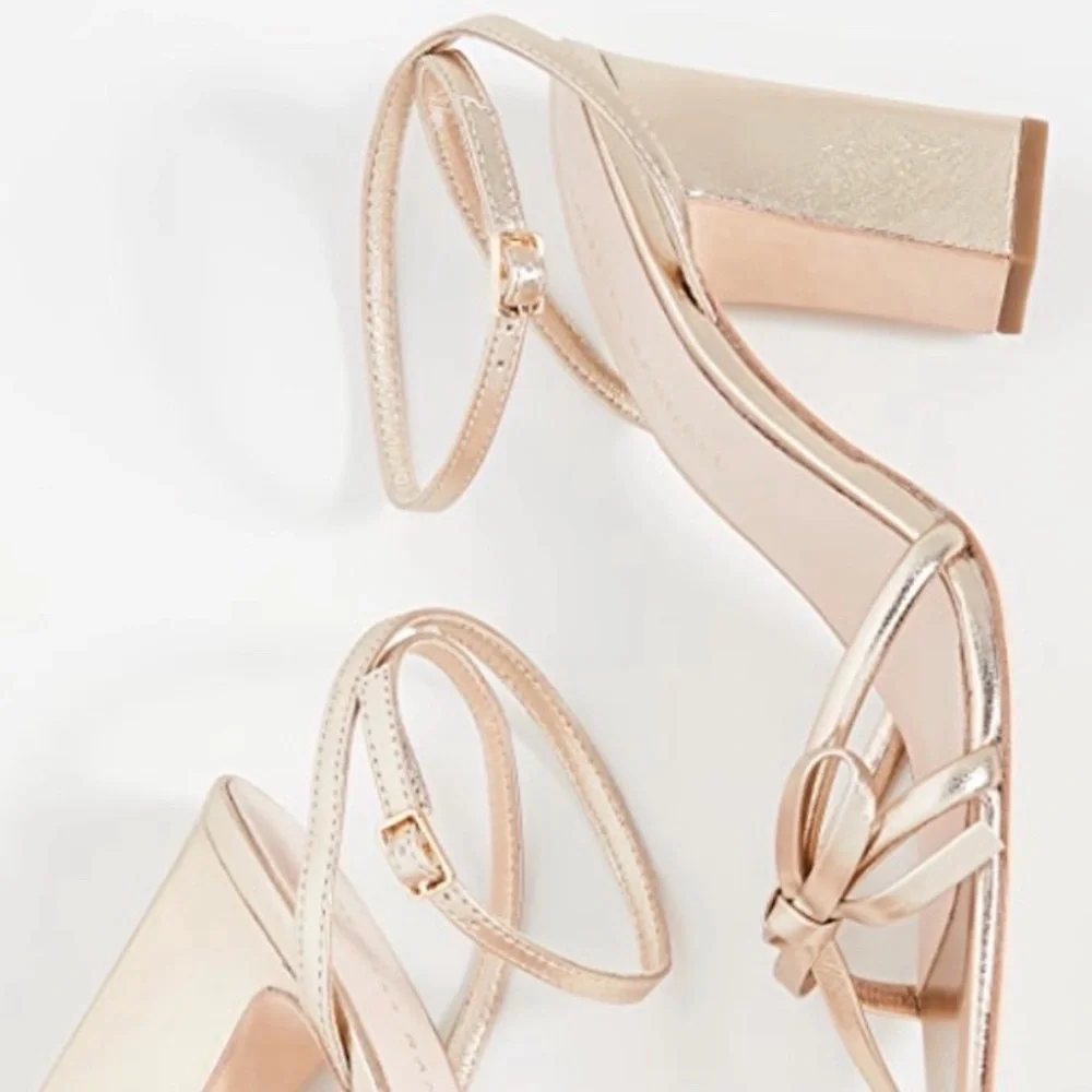 NWT Loeffler Randall Maeve Metallic Gold Knot Bow Ankle Strap Heel - Picture 3 of 12